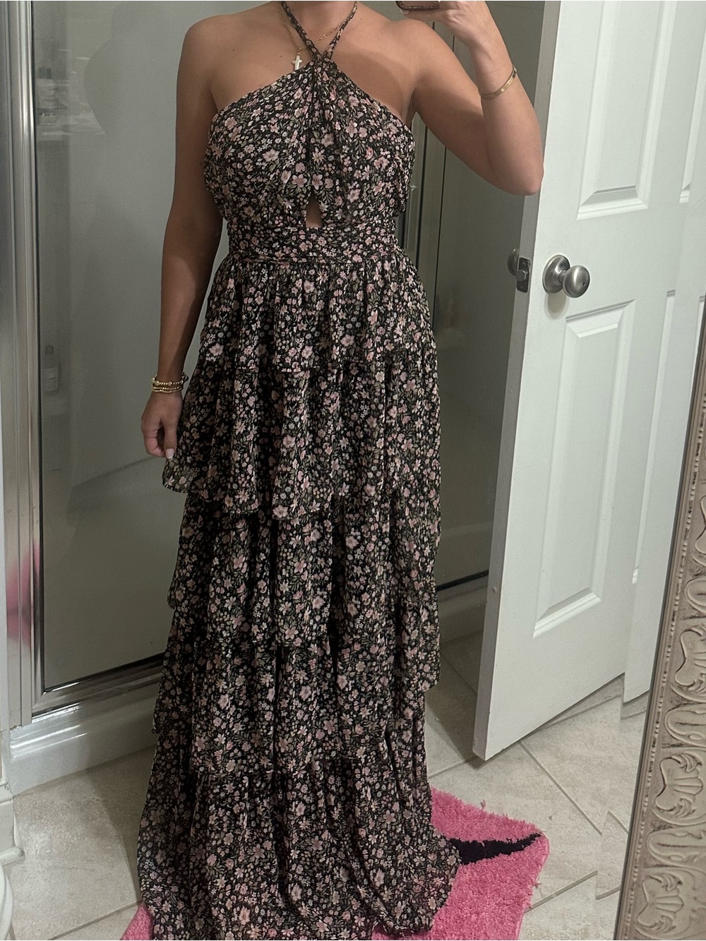 Olivaceous Black Floral Halter Tiered Maxi Dress